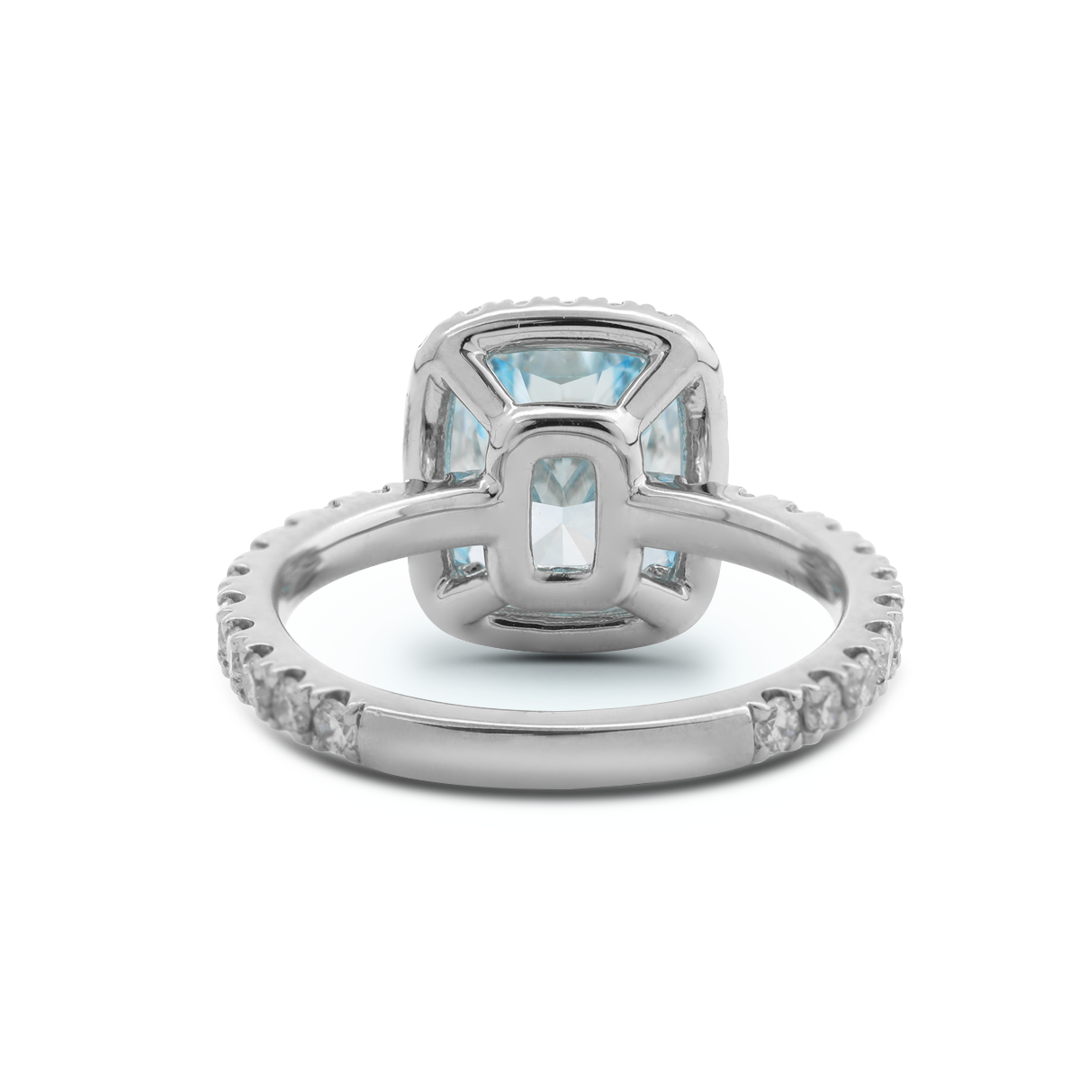 Platinum 2.5ct Radiant Cut Blue Lab Diamond Ring with Round Lab Diamond Halo and U-shape Pave