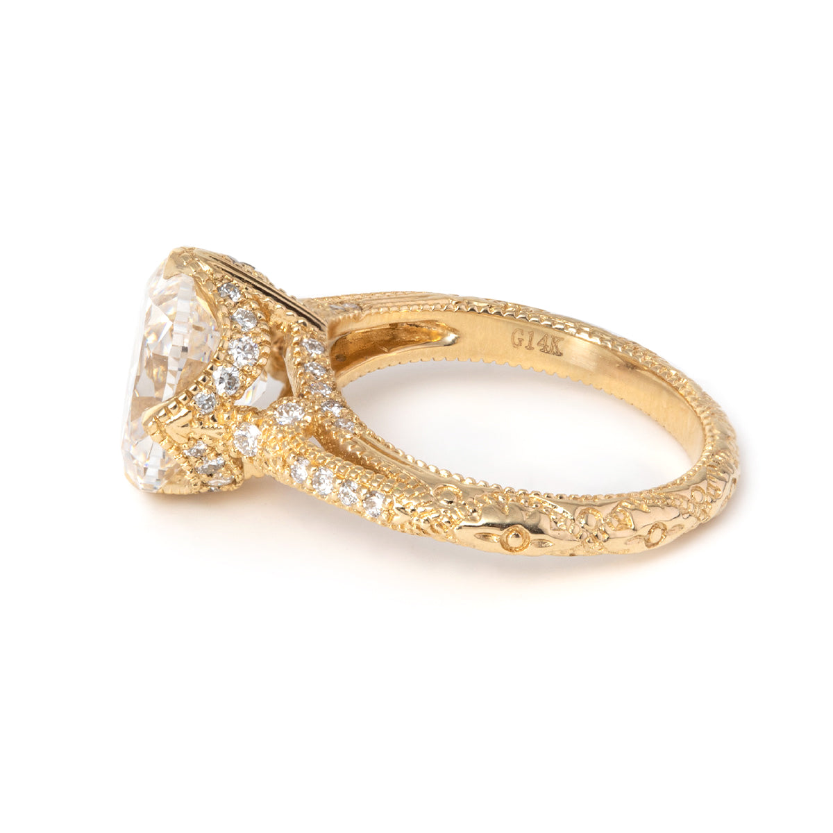 14K Yellow Gold 3ct Old Mine Cut Lab Diamond Crown Setting Diamond-milling Vintage Ring with Round Lab Diamond Side-stone