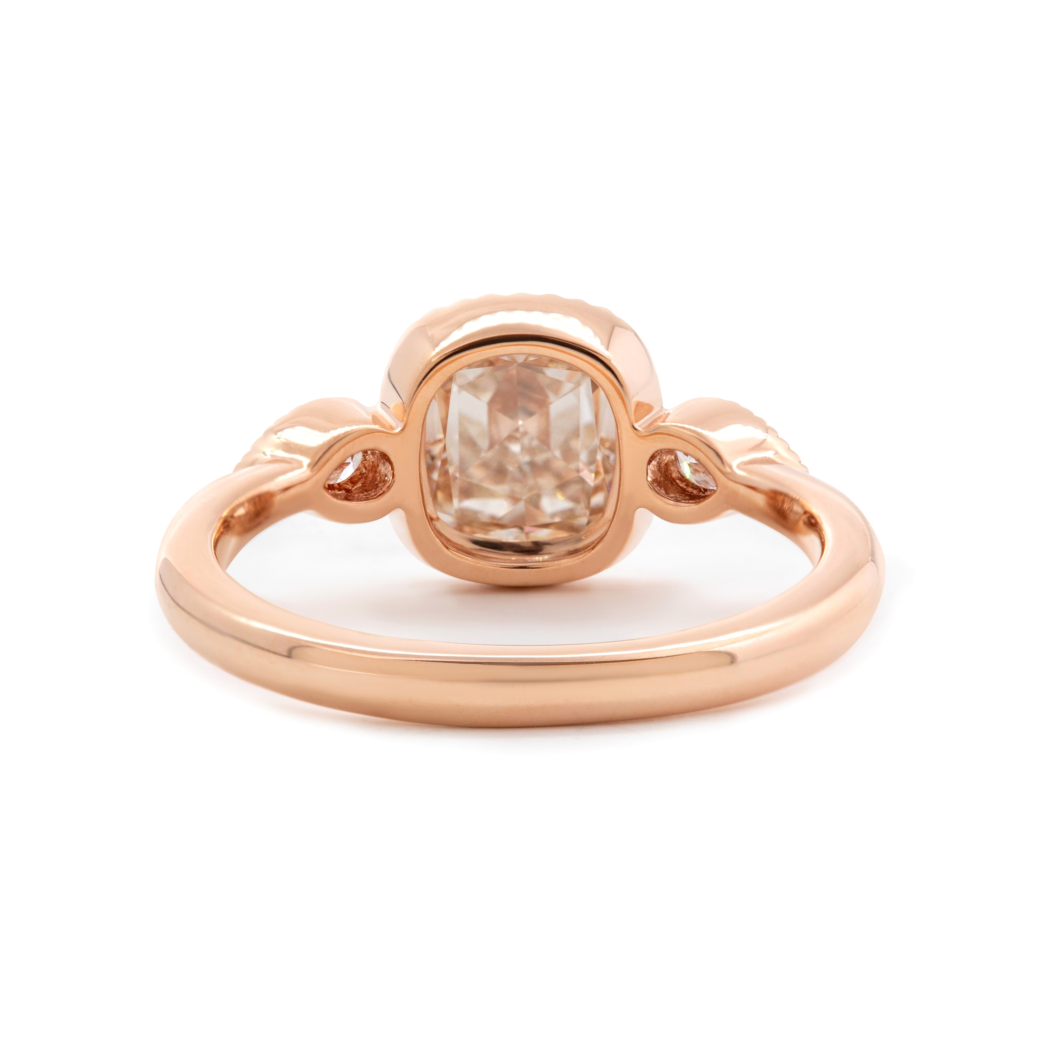 14K Rose Gold 1.5ct Cushion Rose Cut Lab Diamond Millegrain Bezel Three-stone Ring with Pear Shaped Side-stone Design