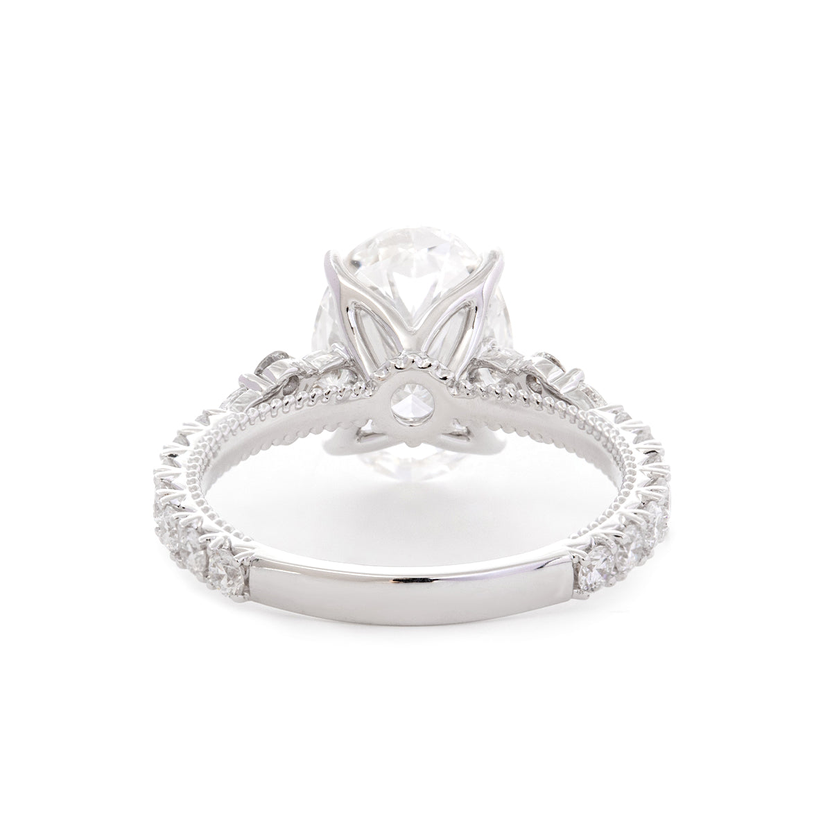 18K White Gold 3.5ct Oval Lab Diamond Vintage Ring with Millegrain and Lab Diamond Side-stones Pave
