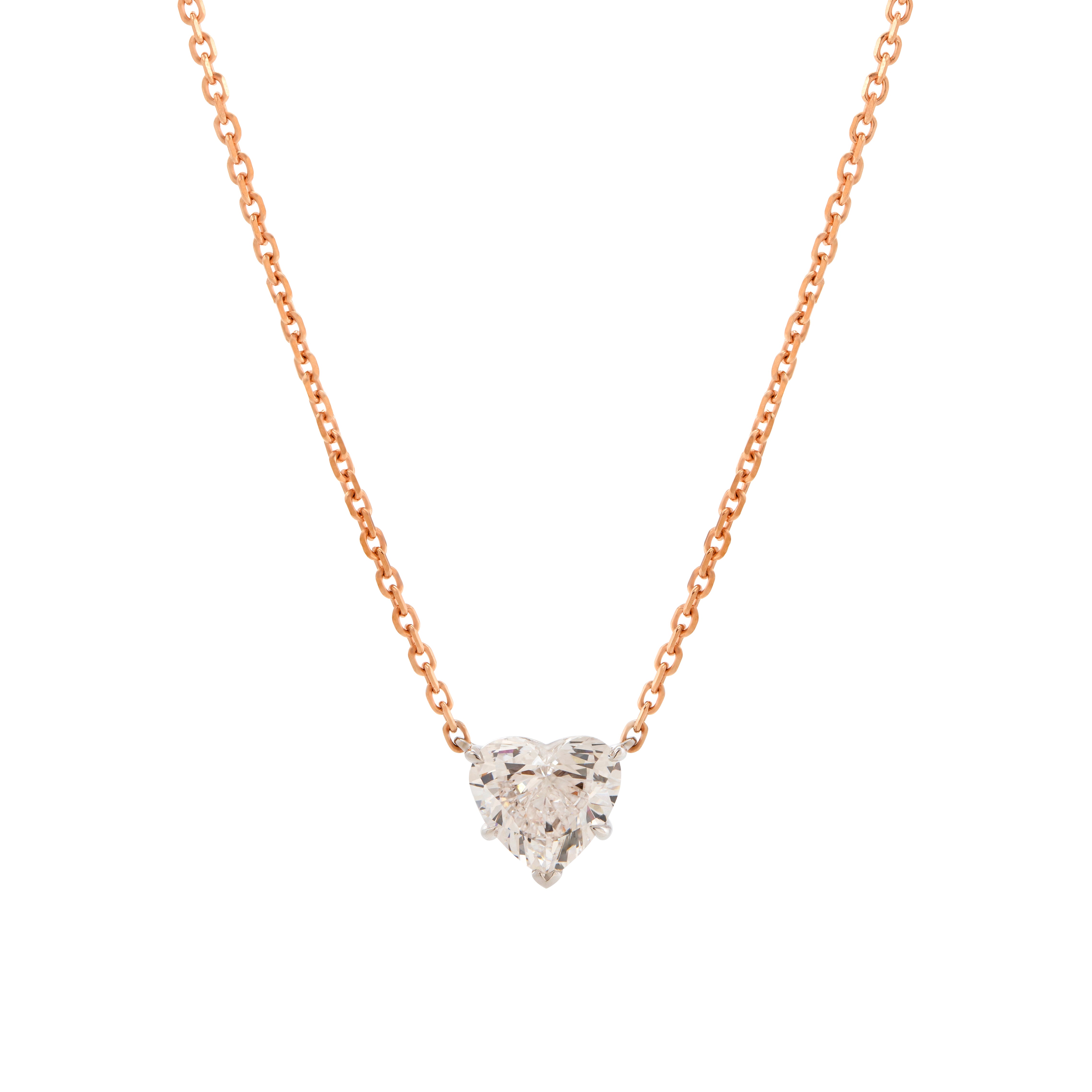 14K White Gold 3ct Heart Shaped Lab Diamond Pendant with 14K Rose Gold Corss Chain