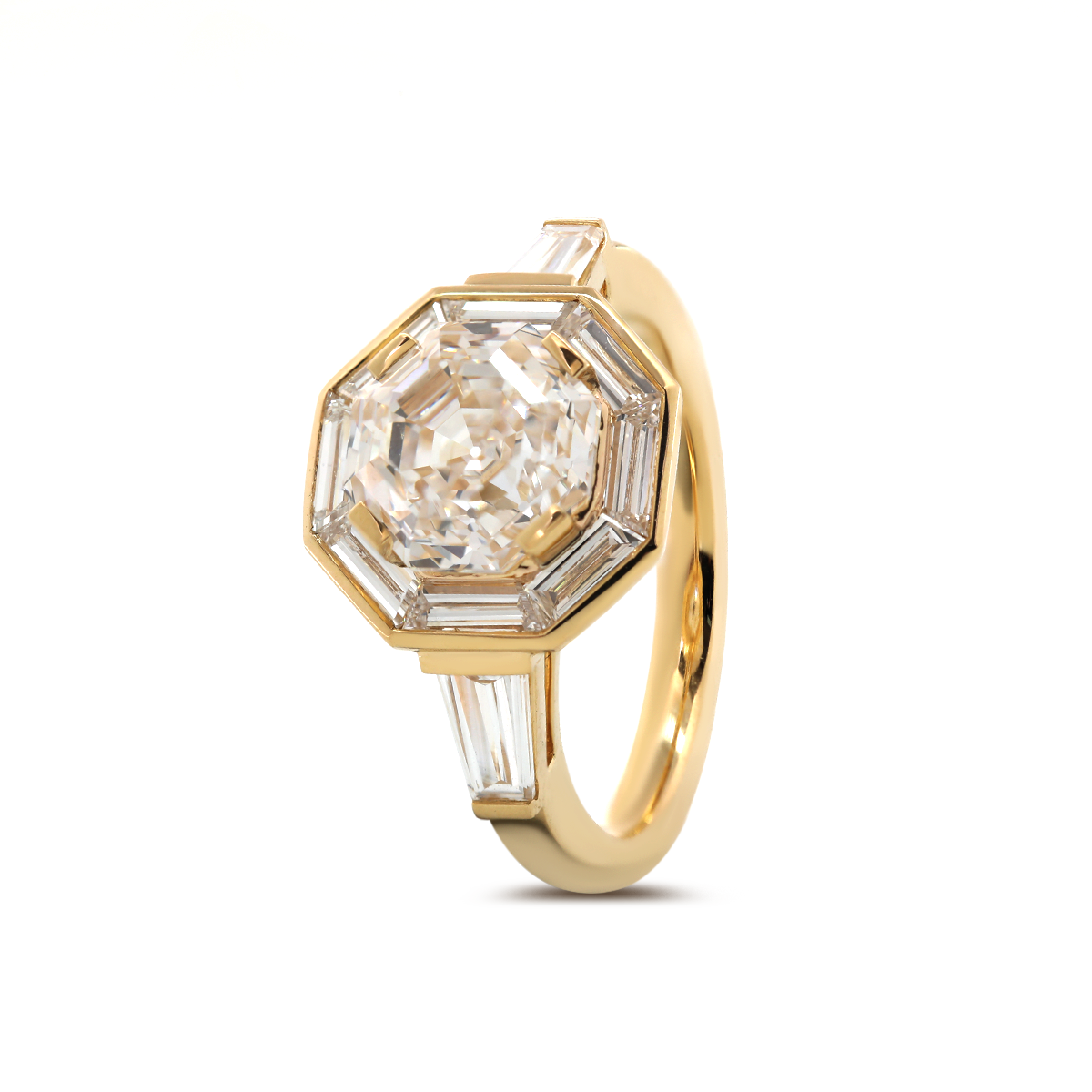 18K Yellow Gold 3ct Antique Bagua-shaped Step Cut Lab Diamond Ring with Tapered Step Cut Lab Diamond Halo and Two Tapered Baguette Cut Side-stone