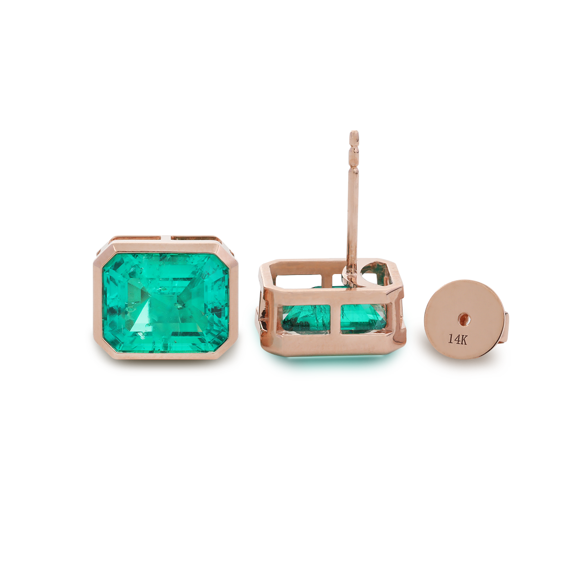 14K Rose Gold 6 ct tw Columbian Lab Emerald Bezel Basket Stud Earrings