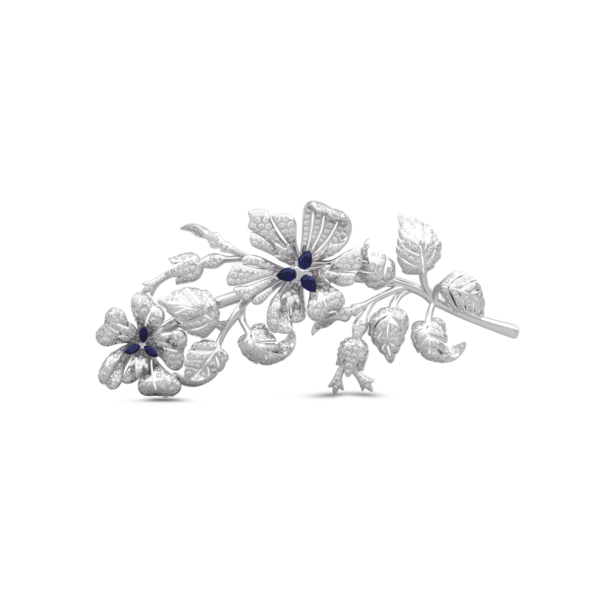 14K White Gold Pear and Maequise Lab Sapphire and Round Lab Diamond Floral Brooch