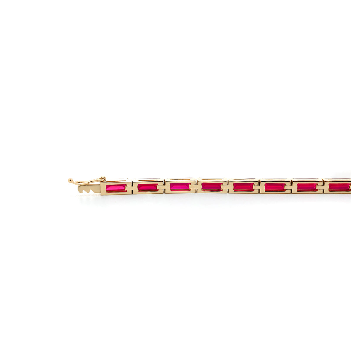 14K Yellow Gold Baguette Cut Lab Ruby Half Bezel Tennis Bracelet
