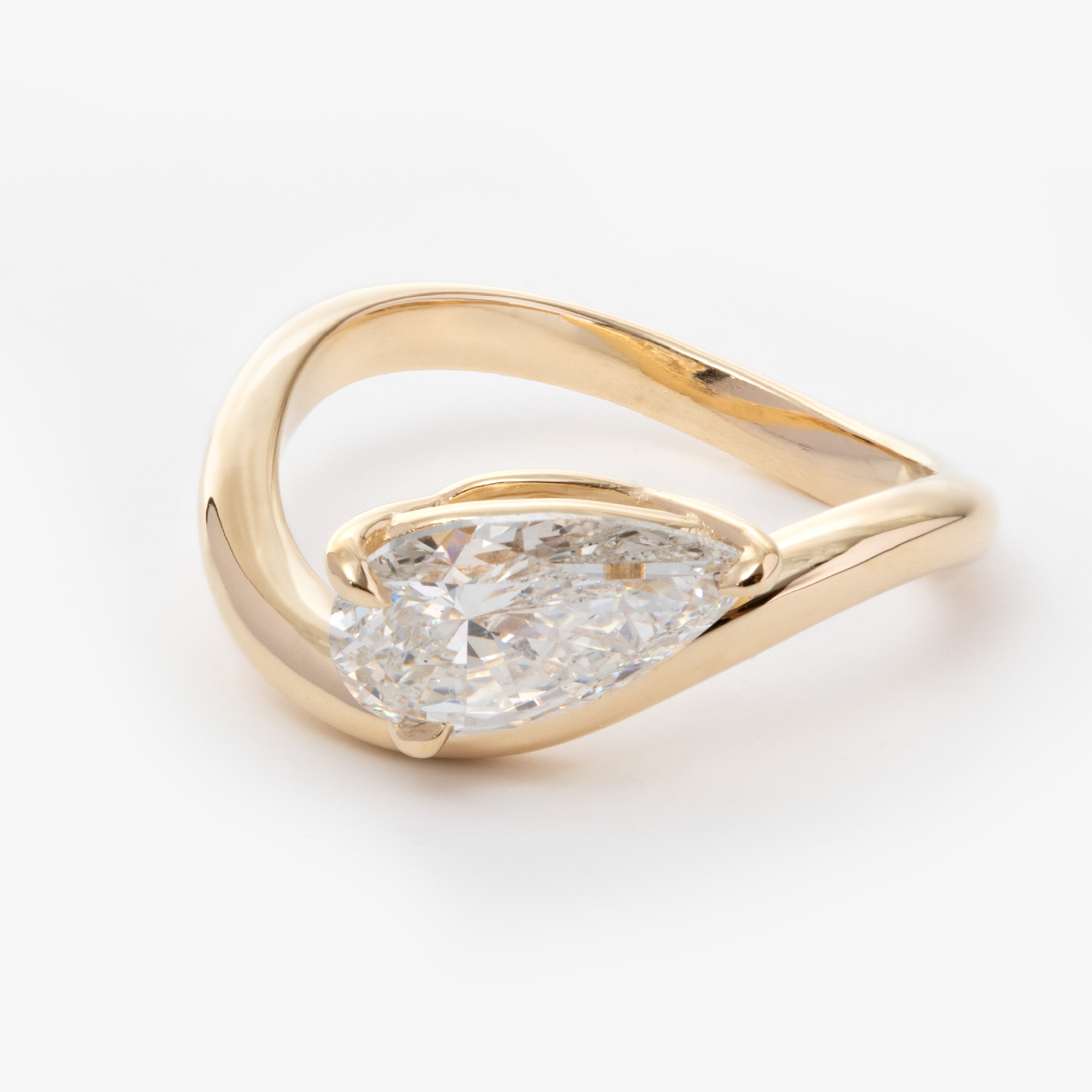 14K Yellow Gold 2ct Pear Cut Lab Diamond Wave Solitaire Ring