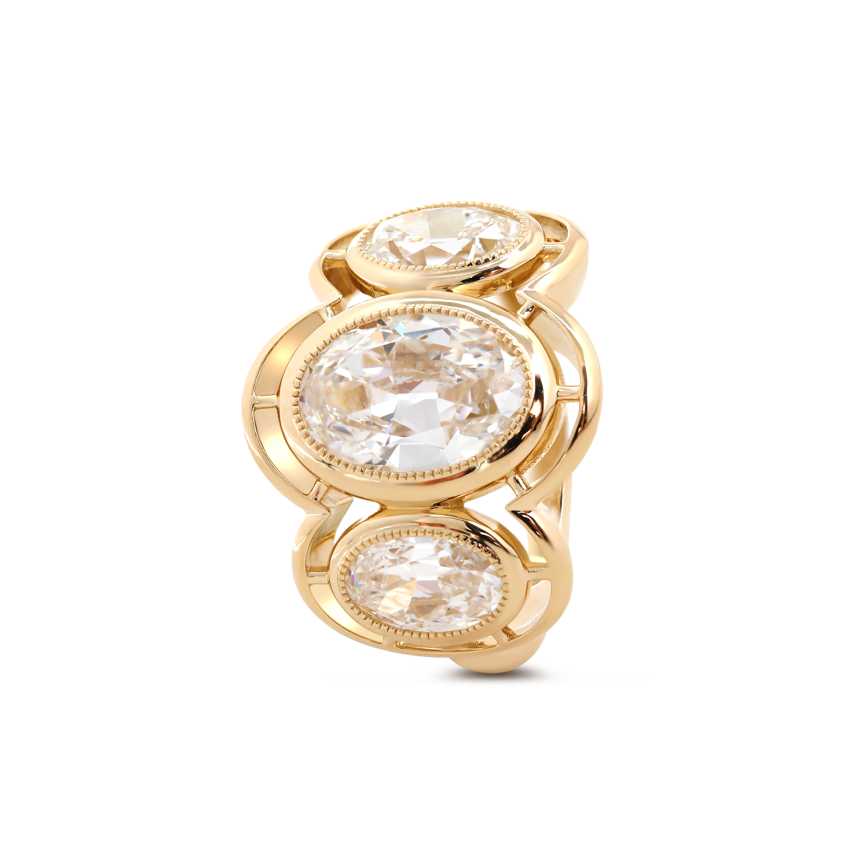 14K Yellow Gold 3ct Oval Old Mine Cut Lab Diamond Victoran-Style Millegrain Bezel Three Stone Ring
