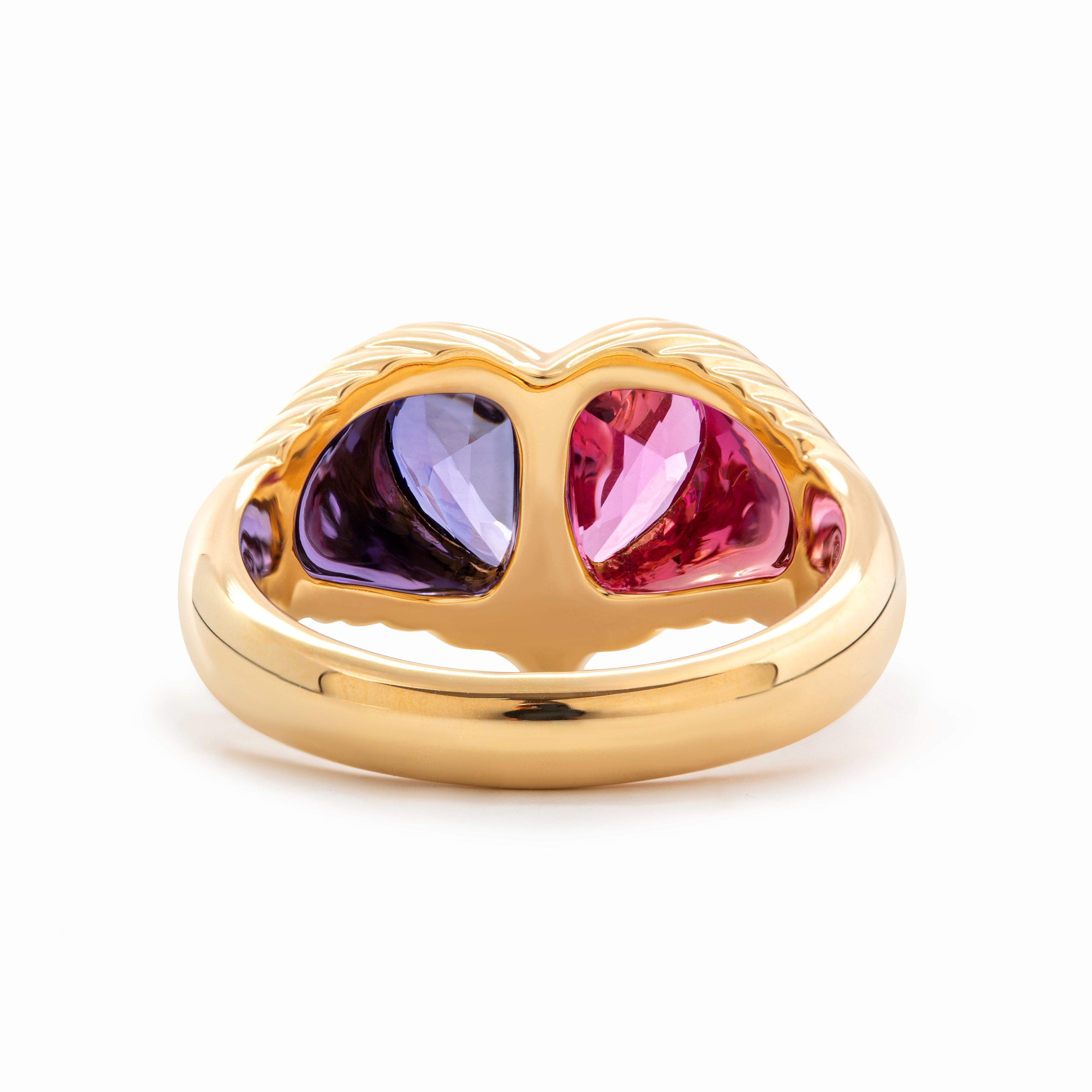 Cherished Moments 14K Yellow Gold Heart Shaped Toi et Moi Ring with 2 Half Heart Shapes Lab Pink Sapphire and Purple Sapphire (Fancy Corundum)