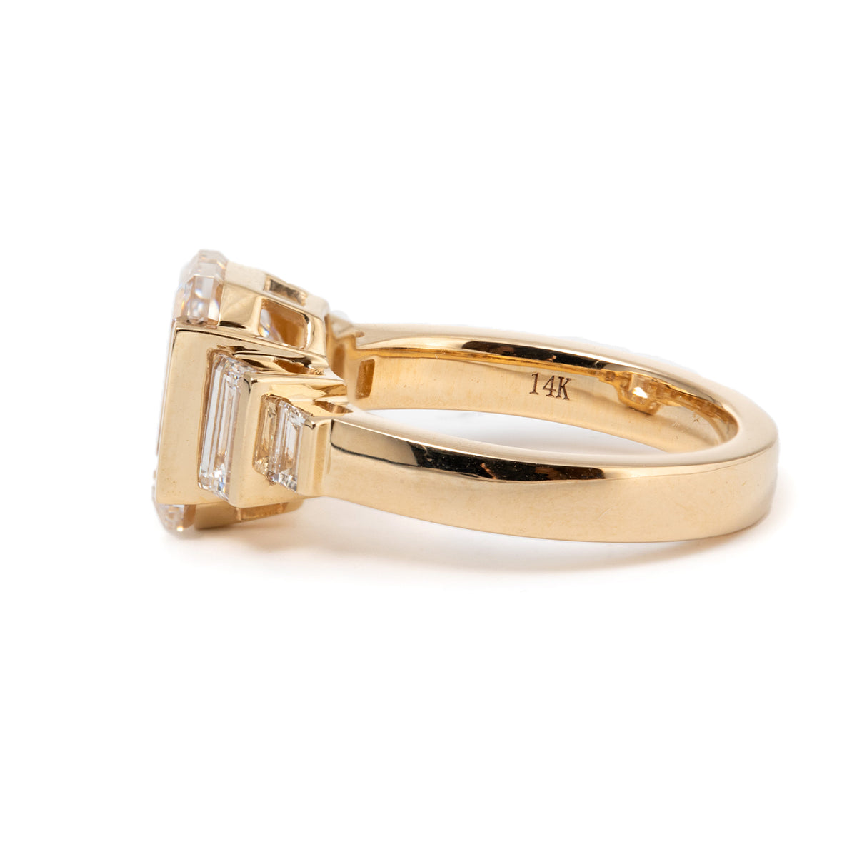 18K Yellow Gold 3ct Emerald Cut Lab Diamond Half Bezel Five-stone Ring with Baguette Cut Side Stones