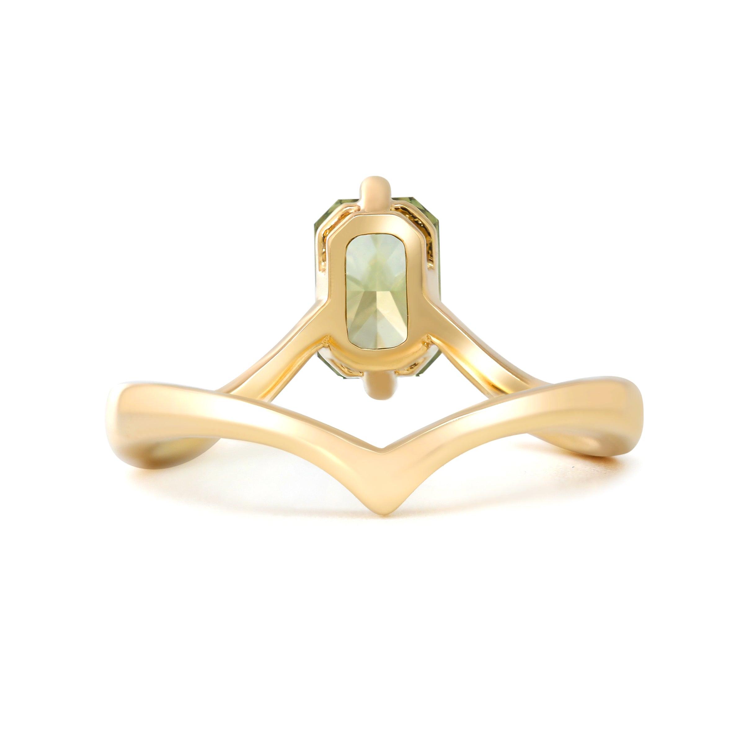 14K Yellow Gold Radiant Cut Green Lab Diamond Sylvan Crown Ring with a Hidden Round Diamond
