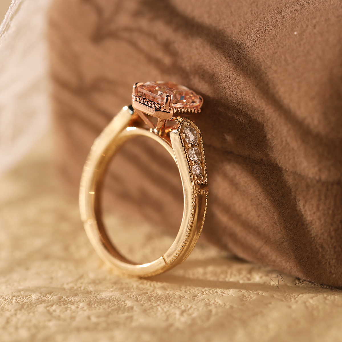 14K Yellow Gold 2ct Radiant Cut Pink Lab Diamond Cathedral Setting Vintage Ring with 14K Rose Gold Millegrain Basket