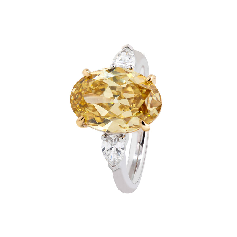 4.04CT Oval Old Mine Cut Yellow Lab Diamond Basket Set Three Stone Ring - FIORESE JEWELRY