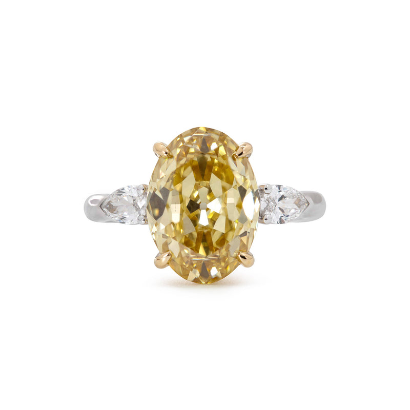 4.04CT Oval Old Mine Cut Yellow Lab Diamond Basket Set Three Stone Ring - FIORESE JEWELRY