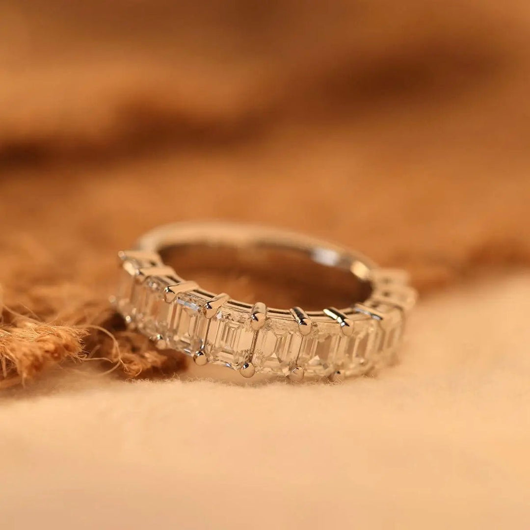 4*3mm Emerald Cut Lab Diamond Shared Claw Prong Basket Half Eternity Ring - FIORESE JEWELRY
