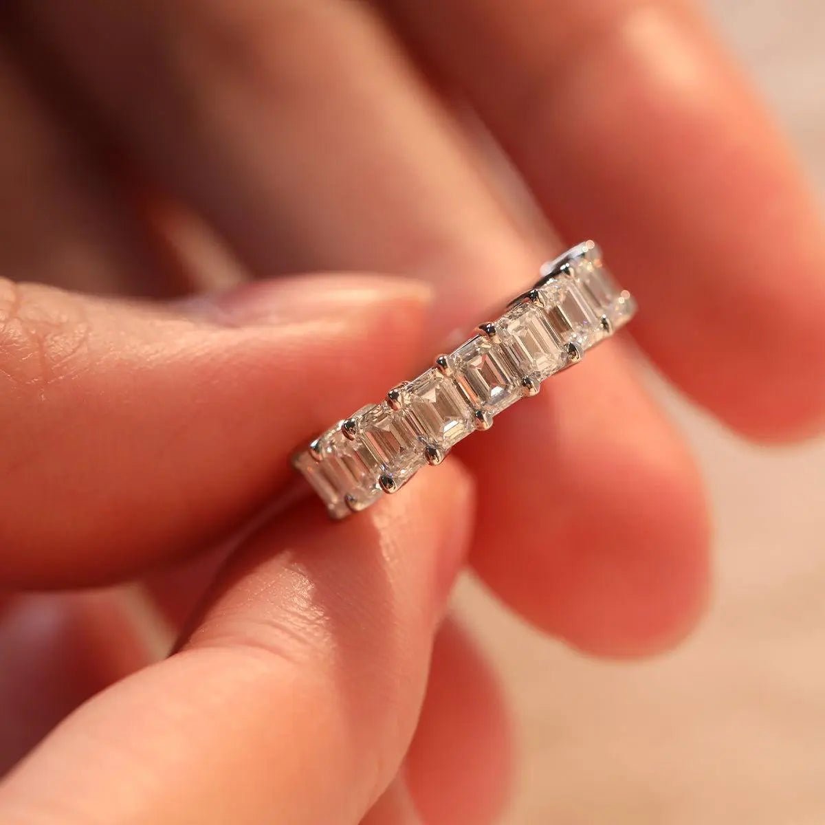 4*3mm Emerald Cut Lab Diamond Shared Claw Prong Basket Half Eternity Ring