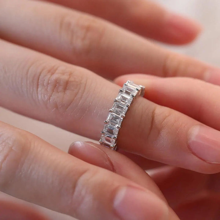 4*3mm Emerald Cut Lab Diamond Shared Claw Prong Basket Half Eternity Ring - FIORESE JEWELRY