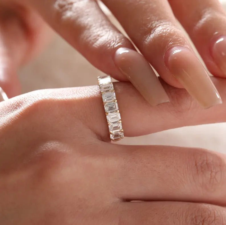 4*3MM Emerald Cut Lab Diamond U Shaped Pave Half Eternity Band - FIORESE JEWELRY