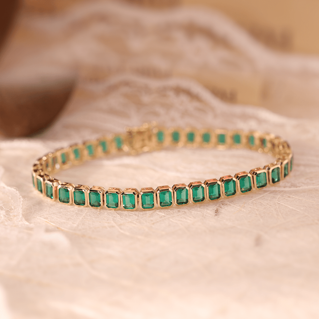 4×3mm Emerald Cut Lab Zambian Emerald Bezel - Set Tennis Bracelet with Box Clasp and Double Safety - FIORESE JEWELRY
