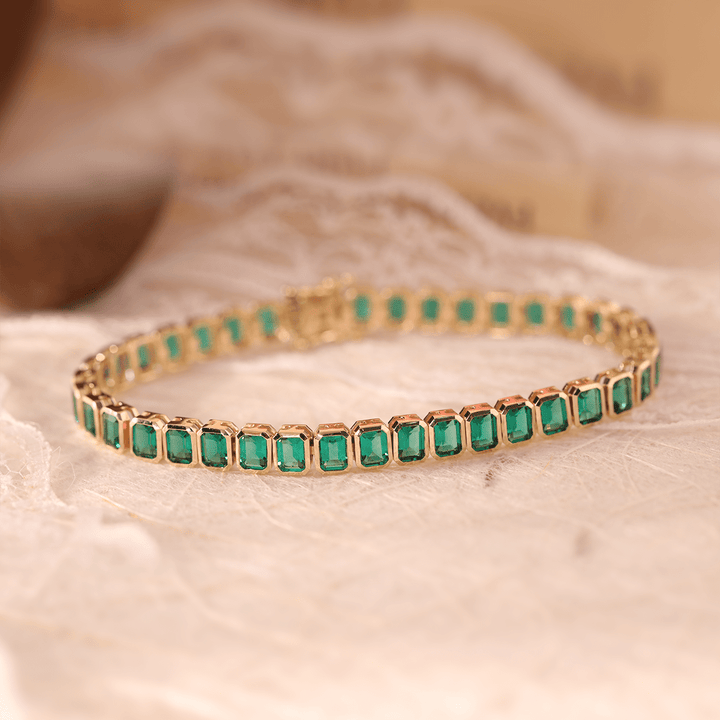 4×3mm Emerald Cut Lab Zambian Emerald Bezel - Set Tennis Bracelet with Box Clasp and Double Safety - FIORESE JEWELRY