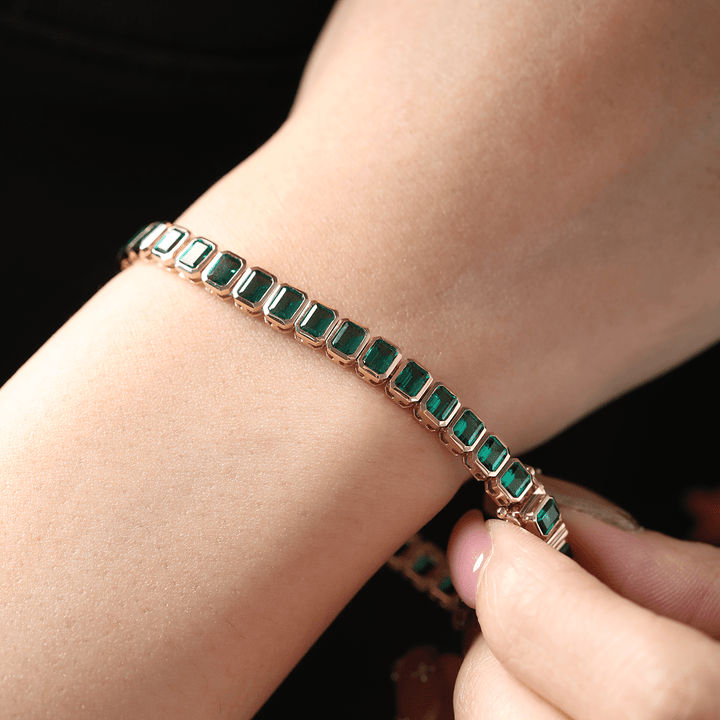 4×3mm Emerald Cut Lab Zambian Emerald Bezel - Set Tennis Bracelet with Box Clasp and Double Safety - FIORESE JEWELRY