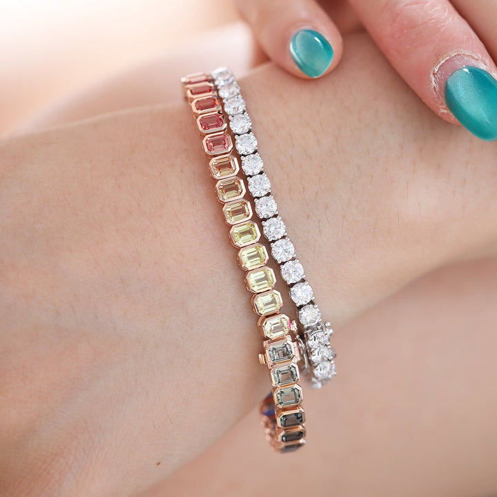 4×3mm Emerald Cut Rainbow - Colored Lab Sapphire Bezel - Set Tennis Bracelet with Box Clasp - FIORESE JEWELRY