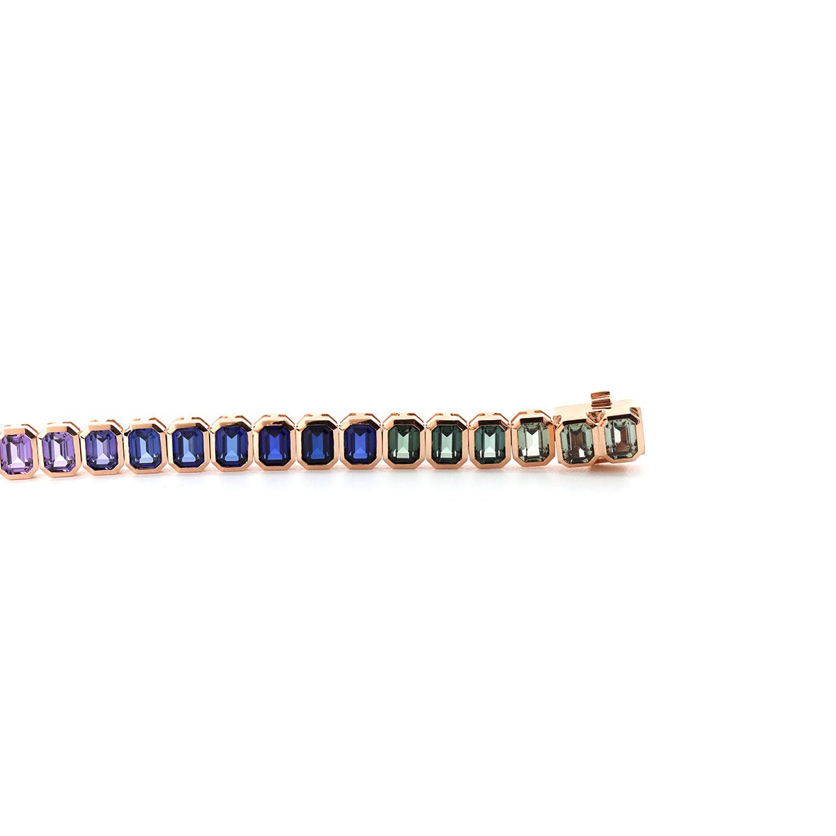 4×3mm Emerald Cut Rainbow-Colored Lab Sapphire Bezel-Set Tennis Bracelet with Box Clasp