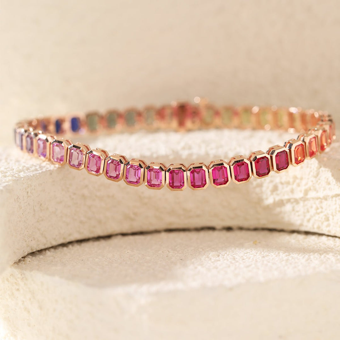4×3mm Emerald Cut Rainbow - Colored Lab Sapphire Bezel - Set Tennis Bracelet with Box Clasp - FIORESE JEWELRY
