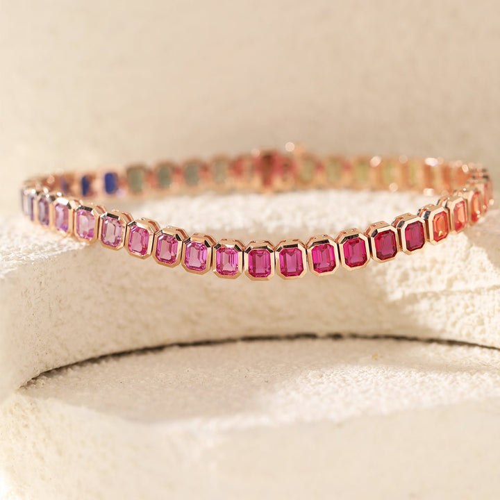 4×3mm Emerald Cut Rainbow - Colored Lab Sapphire Bezel - Set Tennis Bracelet with Box Clasp - FIORESE JEWELRY
