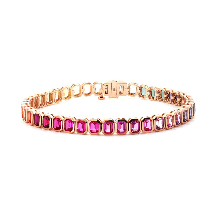 4×3mm Emerald Cut Rainbow - Colored Lab Sapphire Bezel - Set Tennis Bracelet with Box Clasp - FIORESE JEWELRY