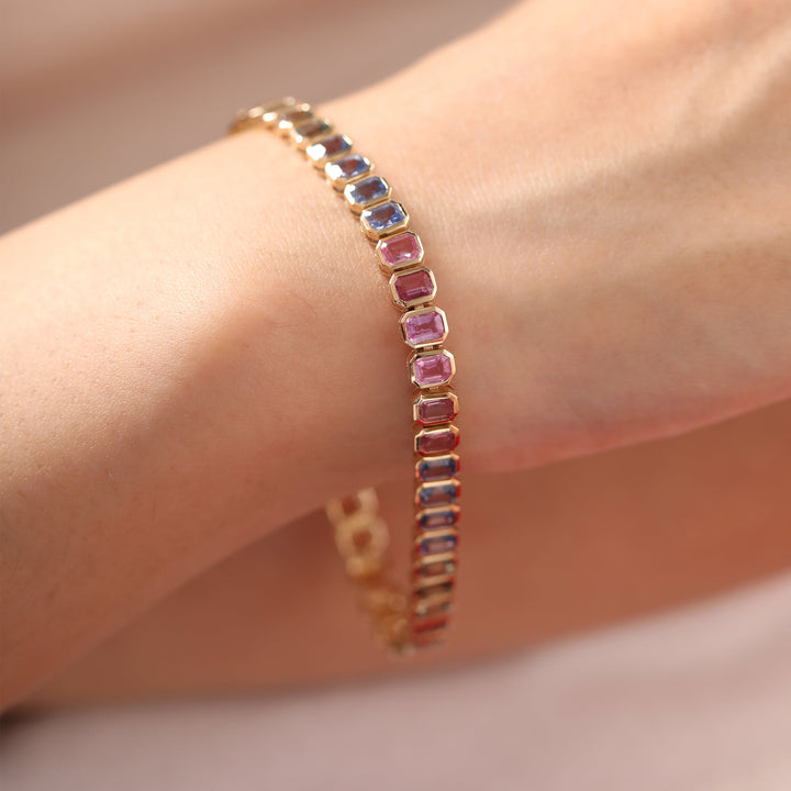 4×3mm Emerald-Cut Rainbow Corundum Bezel Tennis Bracelet - FIORESE JEWELRY