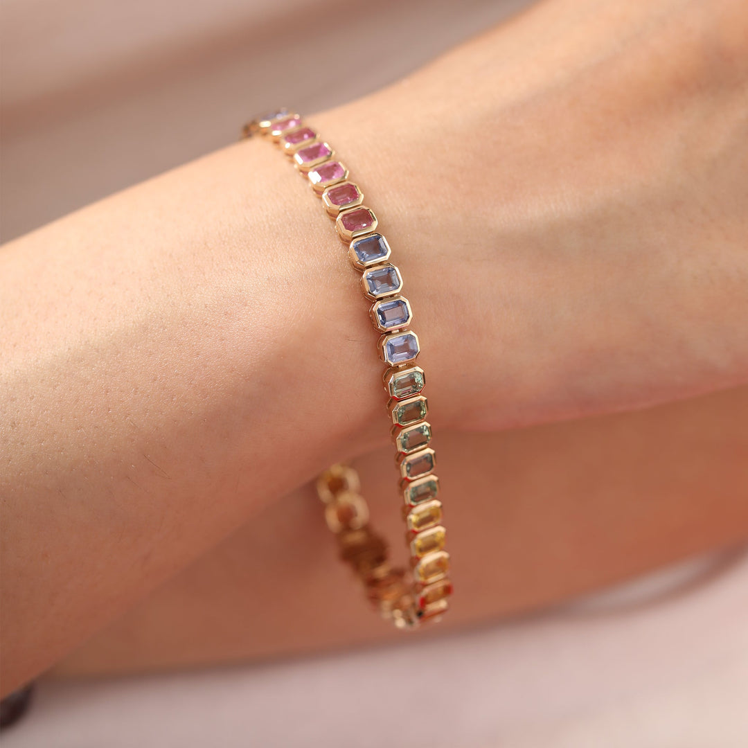 4×3mm Emerald-Cut Rainbow Corundum Bezel Tennis Bracelet - FIORESE JEWELRY