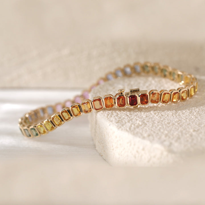 4×3mm Emerald-Cut Rainbow Corundum Bezel Tennis Bracelet - FIORESE JEWELRY
