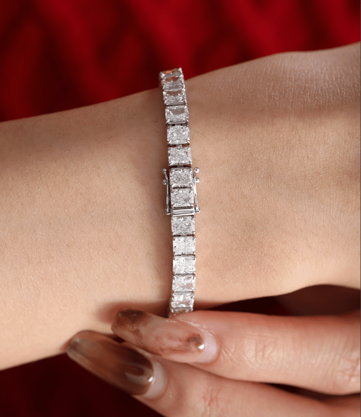 4×3mm Radiant Cut Lab Diamond 4 - Prong Basket Tennis Bracelet with Box Clasp and Double Safety - FIORESE JEWELRY