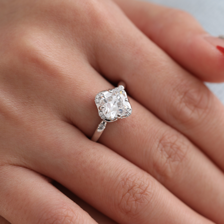 Old Mine-Cut Lab Diamond Ring with Buckle-Inspired Shank Design