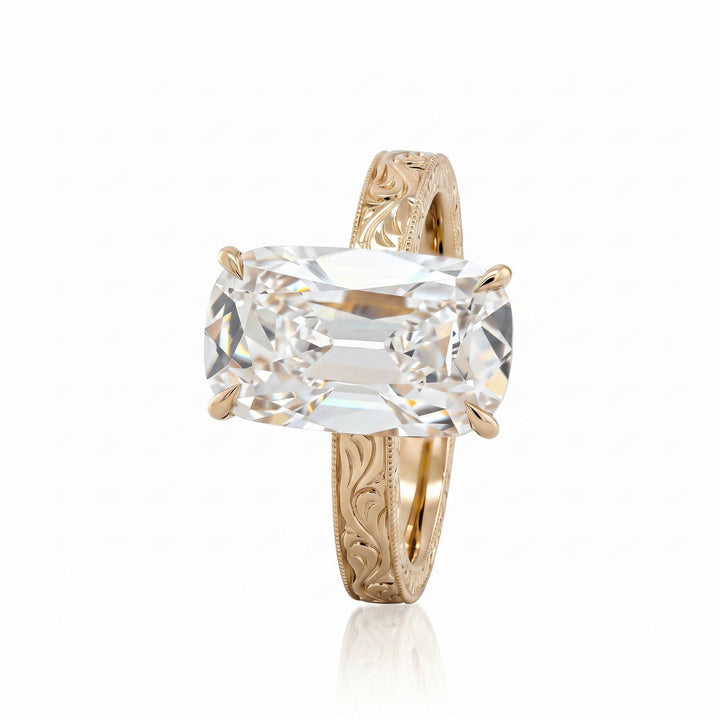 4.68CT Elongated Old Mine Cut Lab Diamond Hand - Engraved Wide Band Four - Prong Setting Ring - FIORESE JEWELRY