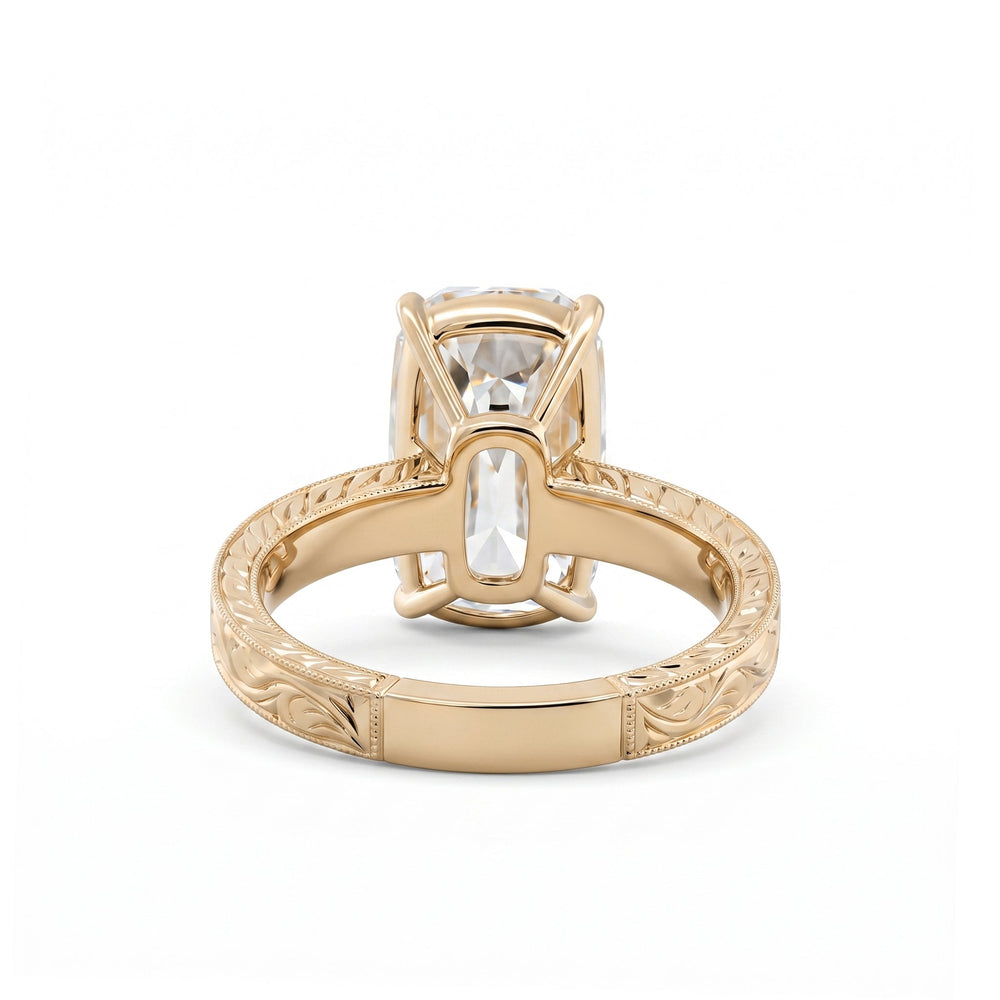 4.68CT Elongated Old Mine Cut Lab Diamond Hand - Engraved Wide Band Four - Prong Setting Ring - FIORESE JEWELRY