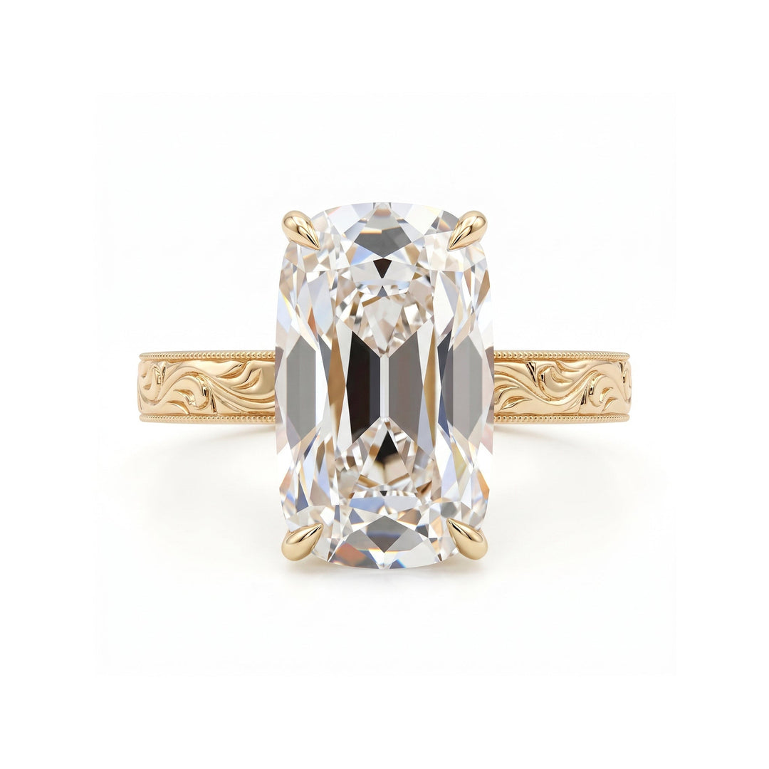 4.68CT Elongated Old Mine Cut Lab Diamond Hand - Engraved Wide Band Four - Prong Setting Ring - FIORESE JEWELRY