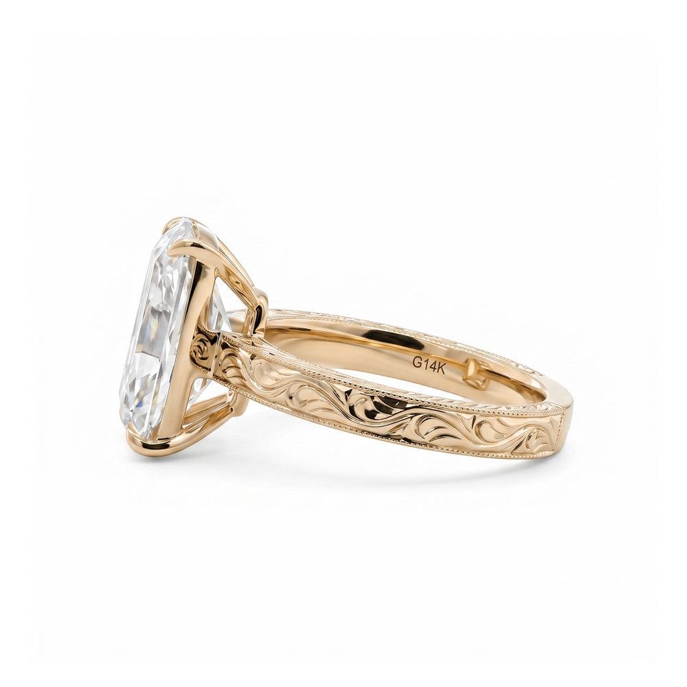 4.68CT Elongated Old Mine Cut Lab Diamond Hand - Engraved Wide Band Four - Prong Setting Ring - FIORESE JEWELRY