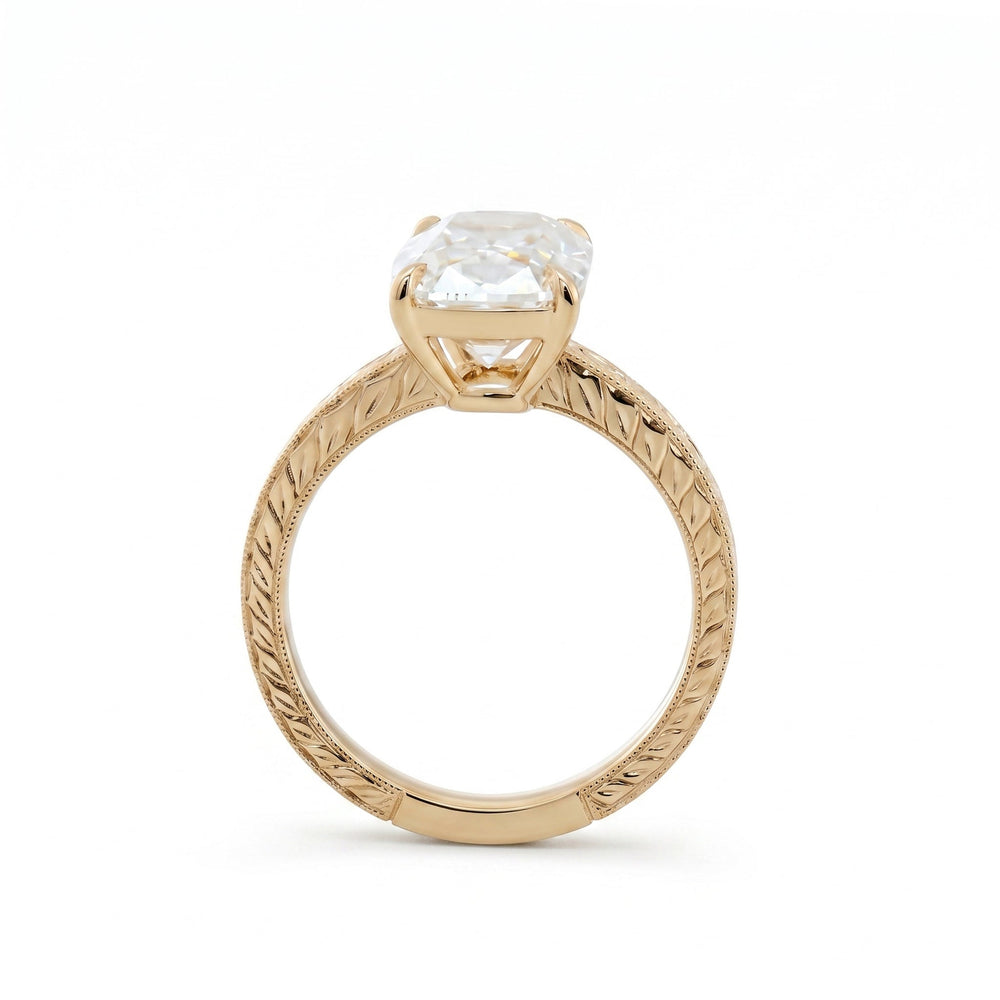 4.68CT Elongated Old Mine Cut Lab Diamond Hand - Engraved Wide Band Four - Prong Setting Ring - FIORESE JEWELRY