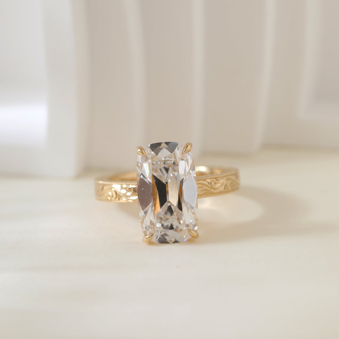 4.68CT Elongated Old Mine Cut Lab Diamond Hand - Engraved Wide Band Four - Prong Setting Ring - FIORESE JEWELRY
