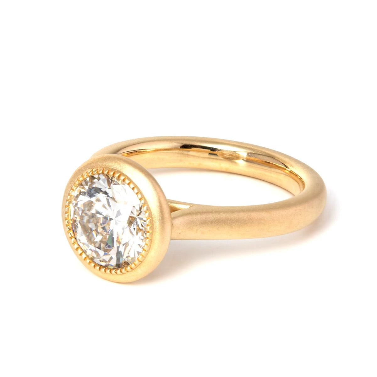 Round Lab Diamond Bezel Cathedral Bridal Set — Matte Engagement Ring with Twisted Matching Band