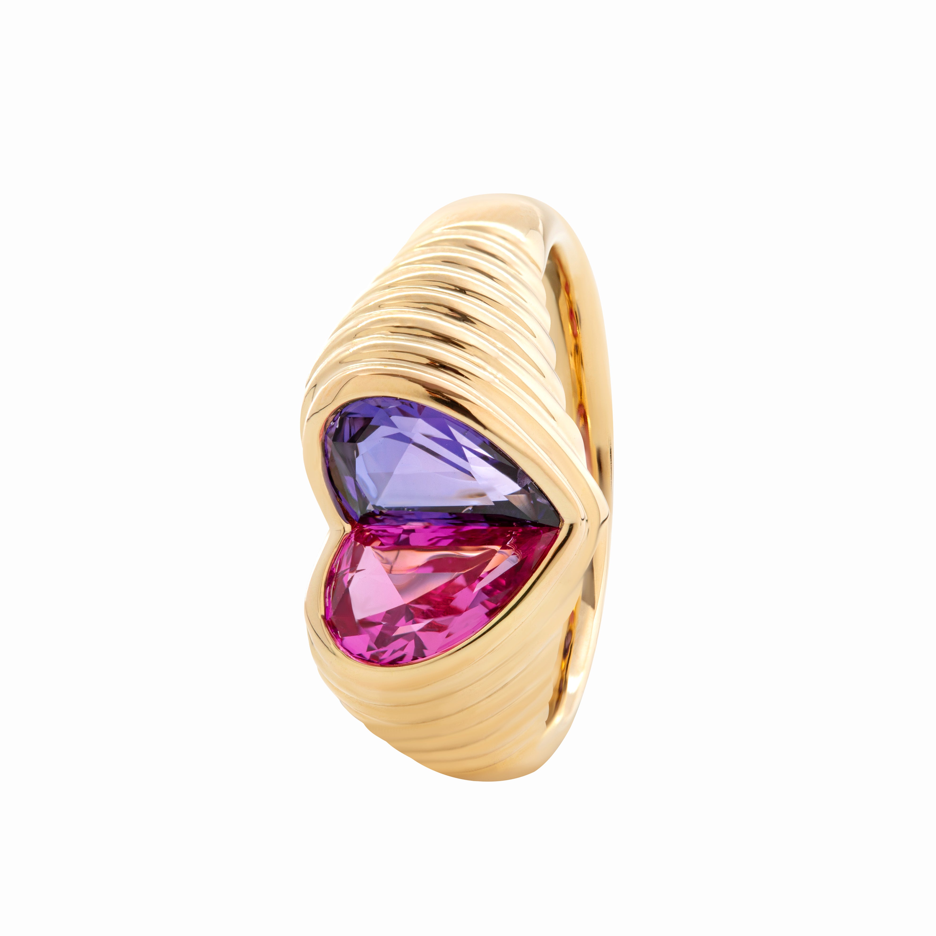 14K Yellow Gold Heart Shaped Toi et Moi Ring with 2 Half Heart Shapes Lab Pink Sapphire and Purple Sapphire (Fancy Corundum)