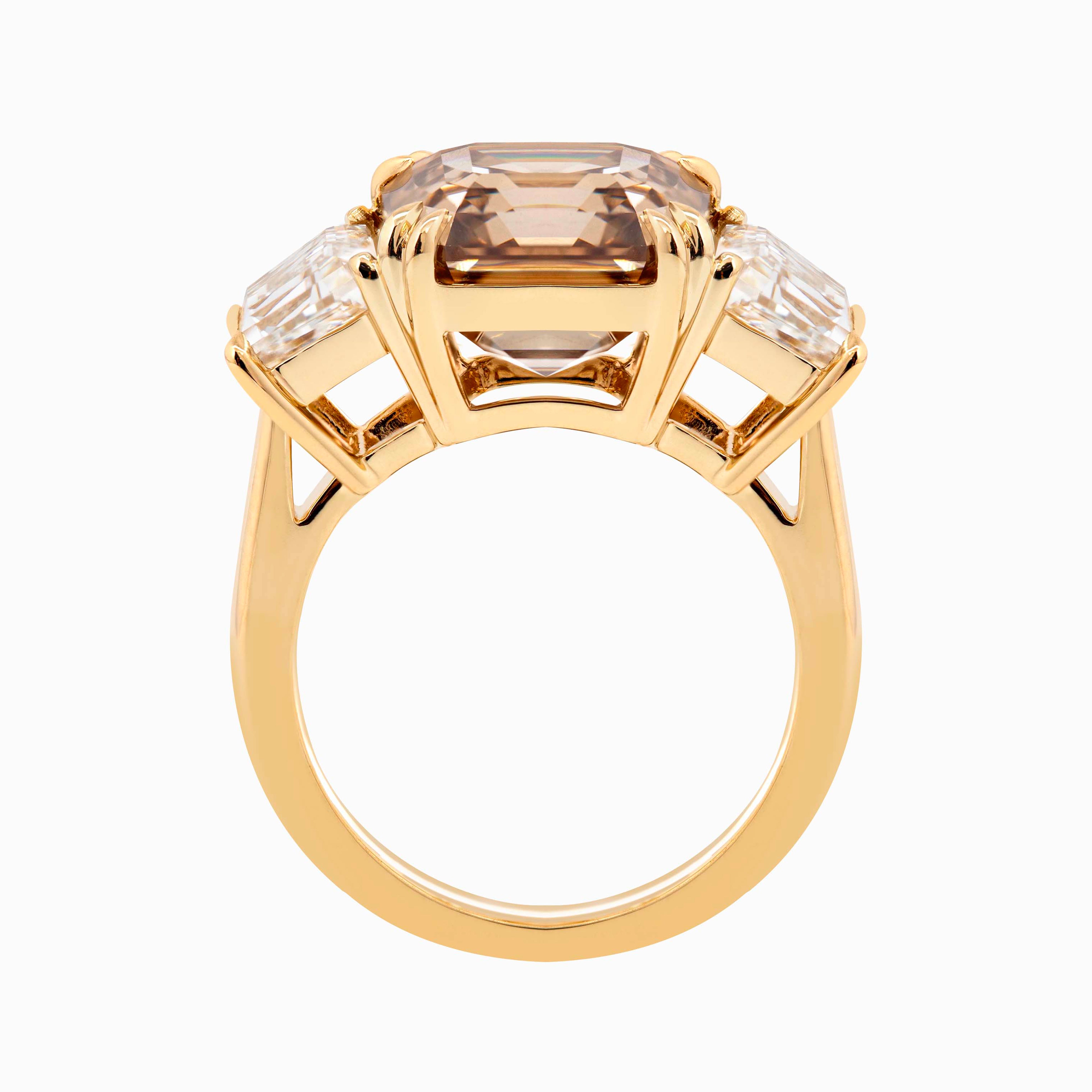 14K Yellow Gold 7.01ct Asscher Cut Brown Lab Diamond Double Claw Prongs Three-stone Ring with Two Trapezoid Step Cut Diamonds
