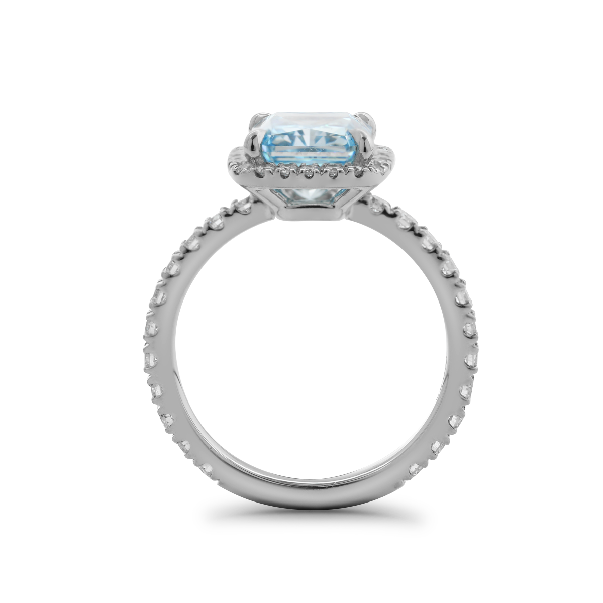 Platinum 2.5ct Radiant Cut Blue Lab Diamond Ring with Round Lab Diamond Halo and U-shape Pave