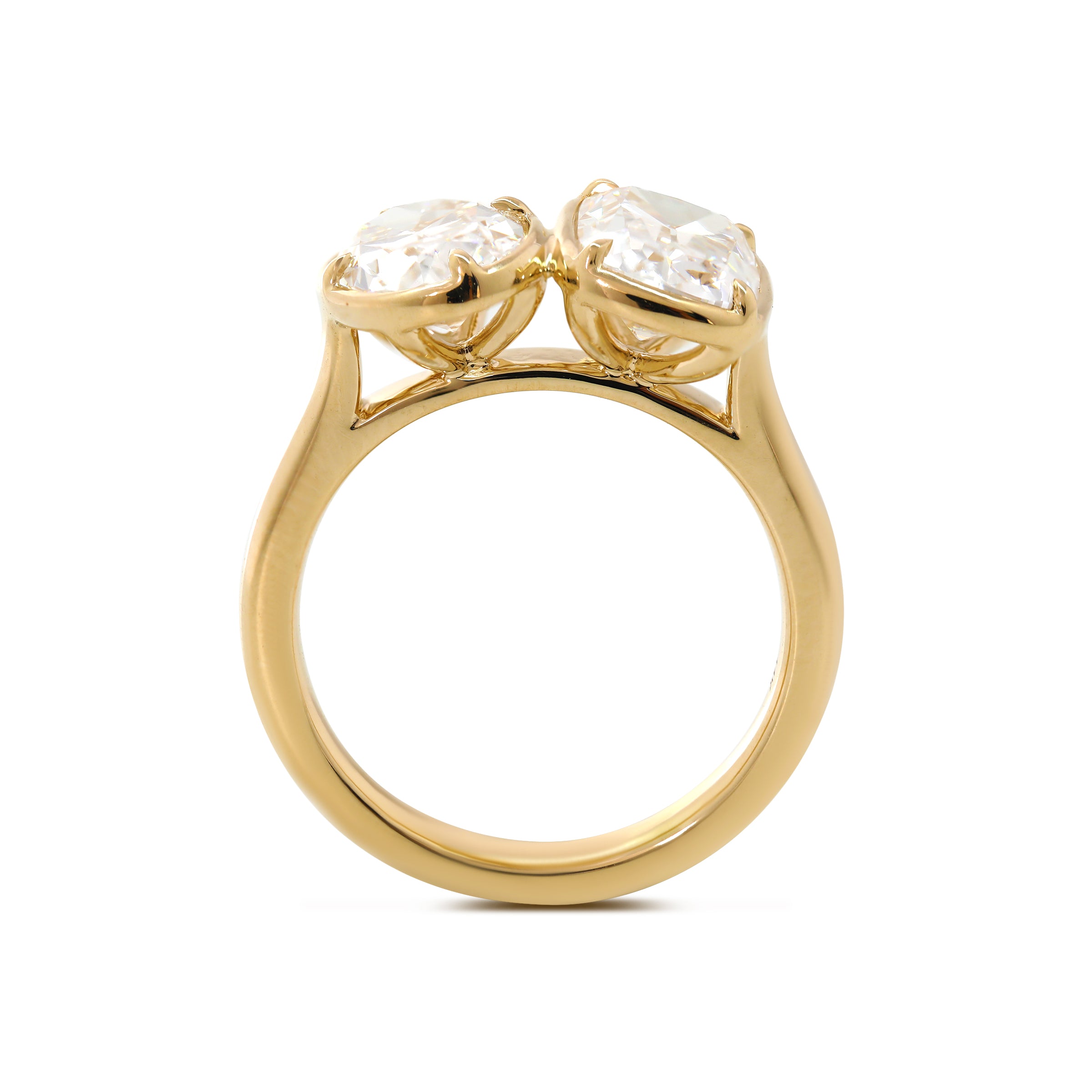 14K Yellow Gold 2.5ct Elongated Old Mine Cut and 2ct Oval Old Mine Cut Lab Diamond Prong Bezel Toi et Moi Ring