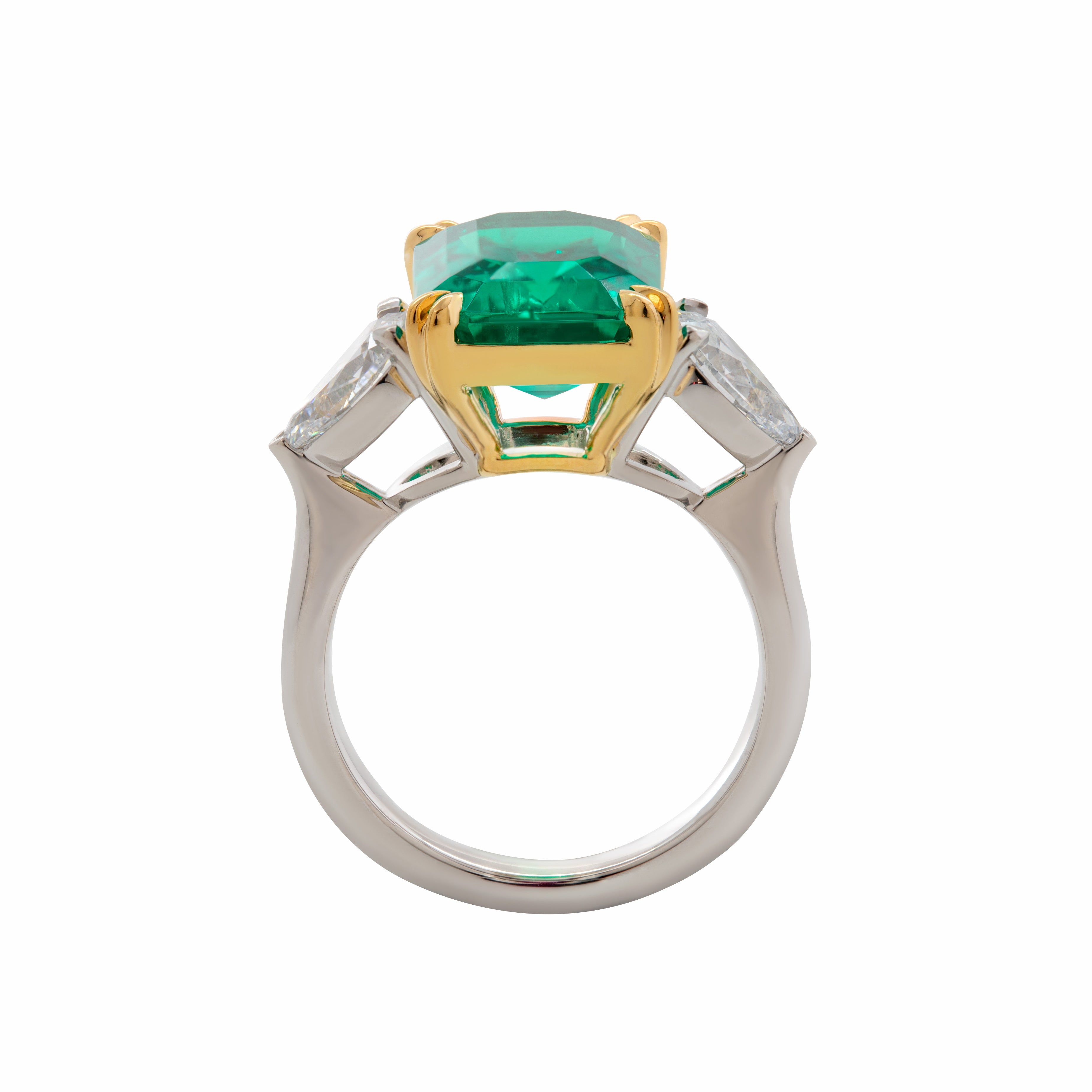 18K White and Yellow Gold 6ct Lab Emerald Three Stone Ring with Pear Cut Lab Diamond Side-stone