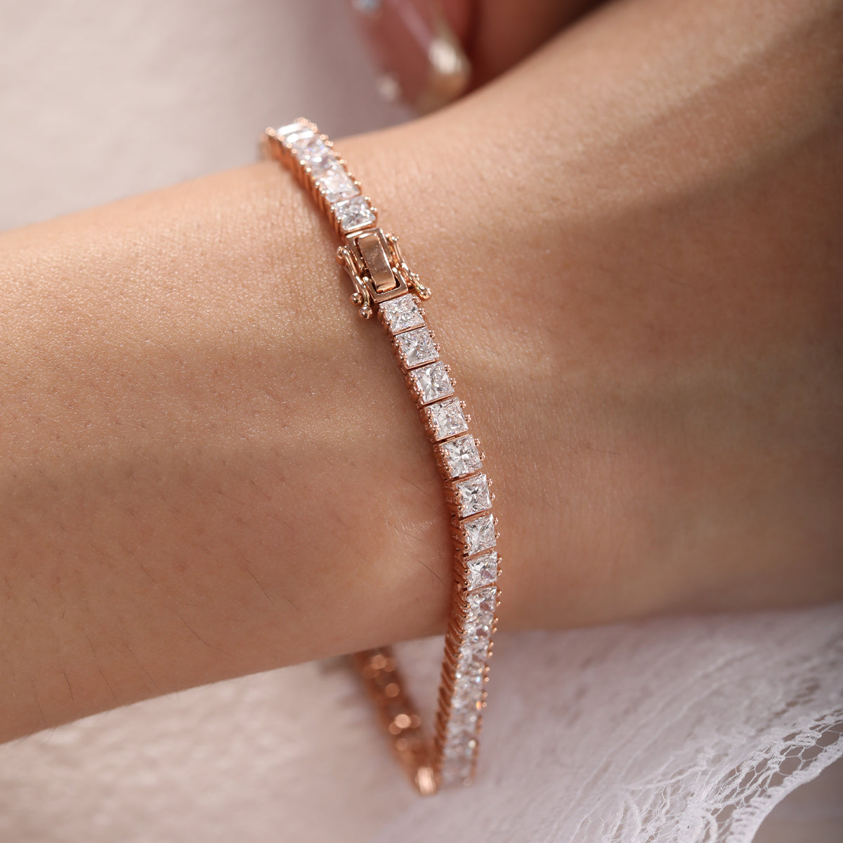 18K Rose Gold Princess Cut Lab Diamond Tennis Bracelet