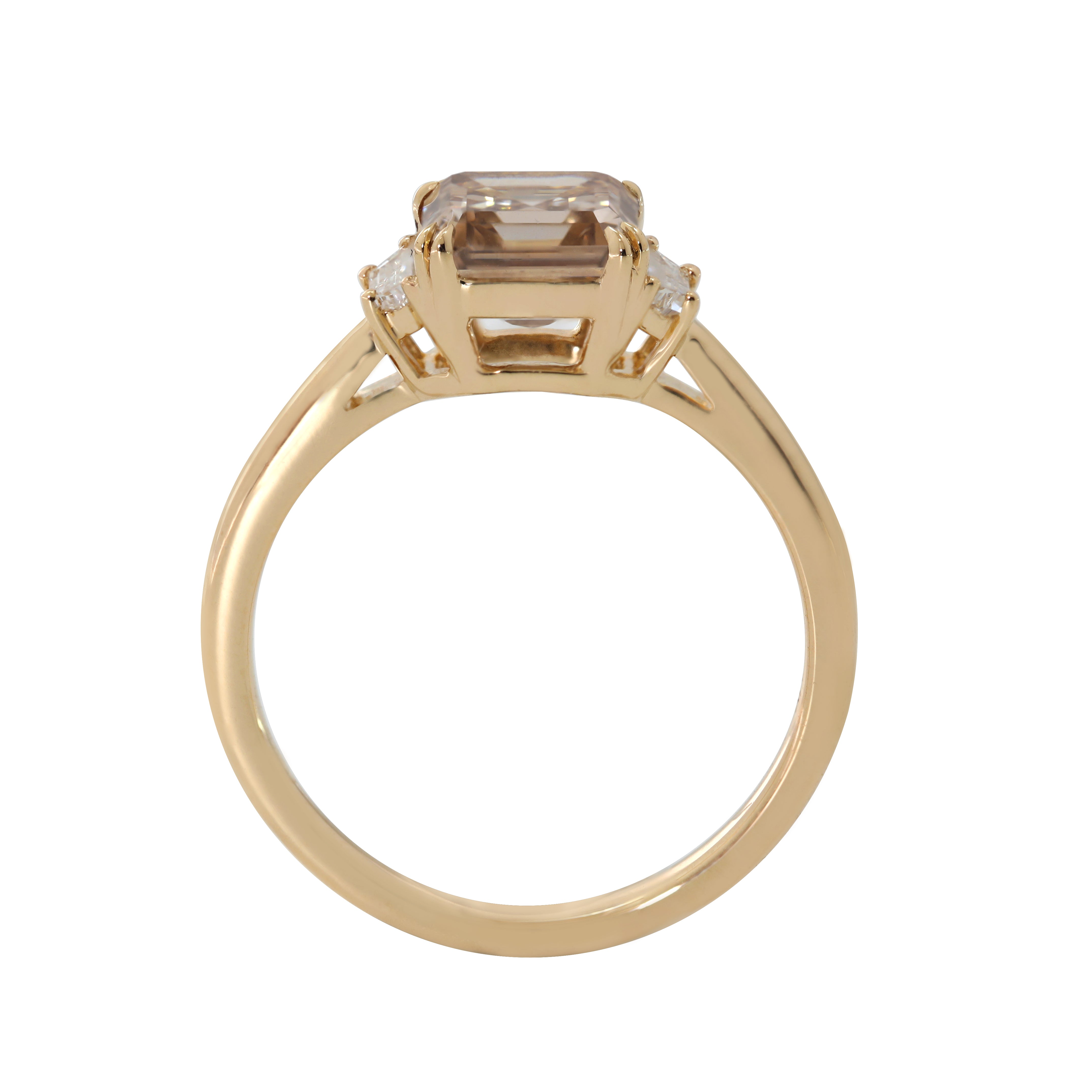 14K Yellow Gold 1.74ct Asscher Cut Brown Lab Diamond Double Claw Prongs Three-stone Ring with Two Trapezoid Diamonds