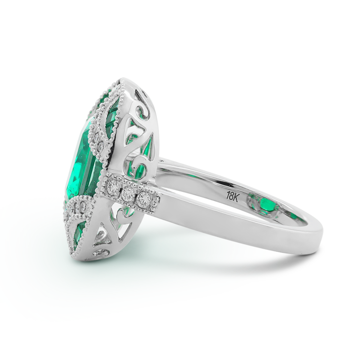 18K White Gold 2ct Cushion Lab Columbian Emerald Millegrain Invisible Setting Vintage Ring with Round Lab Diamond and Mixed Cut Lab Columbian Emerald Side-stones Monthly Deals