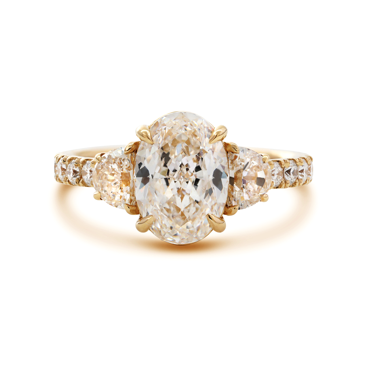 14K Yellow Gold 2ct Oval Lab Diamond Vintage Ring with Half Moon and Round Lab Diamond Side-stones Pave
